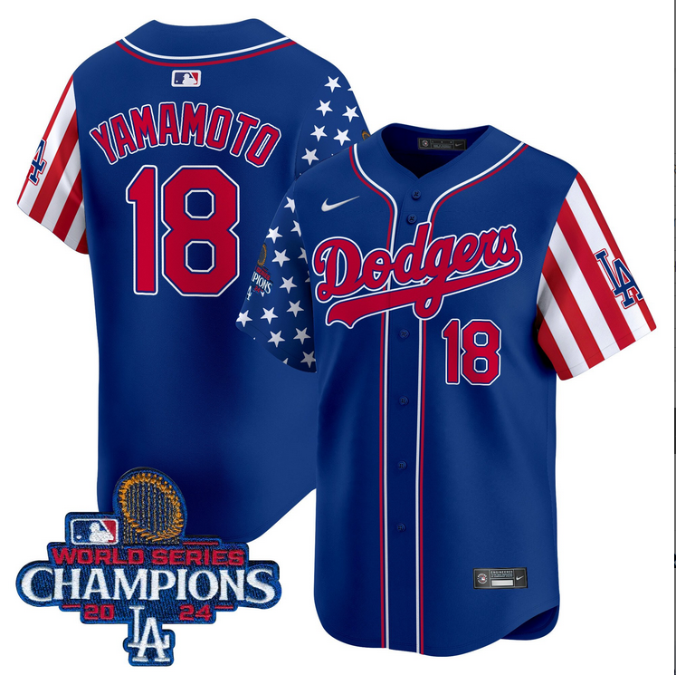 Men MLB Los Angeles Dodgers #18 Yamamoto American Style blue 2024 World Series Champions  Limited Jersey